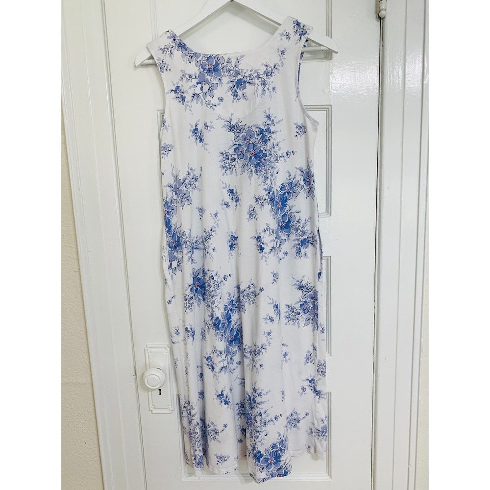 Aria Blue Floral 100% Cotton Jersey Chemise Nightgown S Sleeveless Pockets - Picture 5 of 16